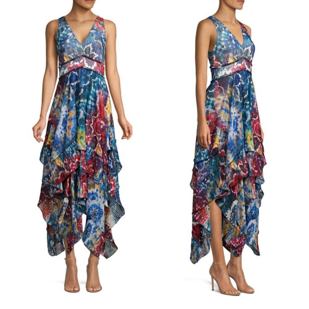 Alice + Olivia Ilia Tie-Dye Floral V-Neck‎ Handkerchief Maxi Dress